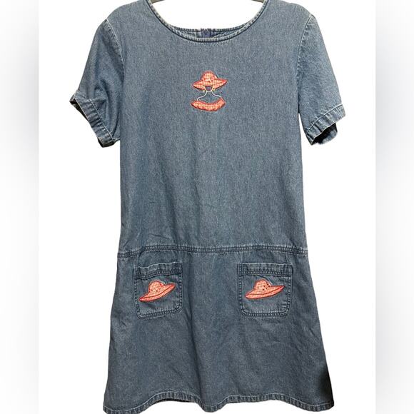 Blue J Denim Dress Women's Size PL Mini Checked Embroidered Woman Hat Pockets L - Picture 1 of 11